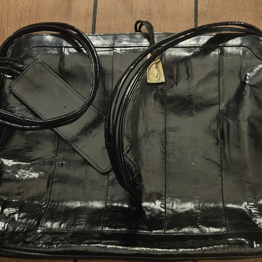 Vintage 80s Sunco Black Patent Eelskin Leather Tote Bag